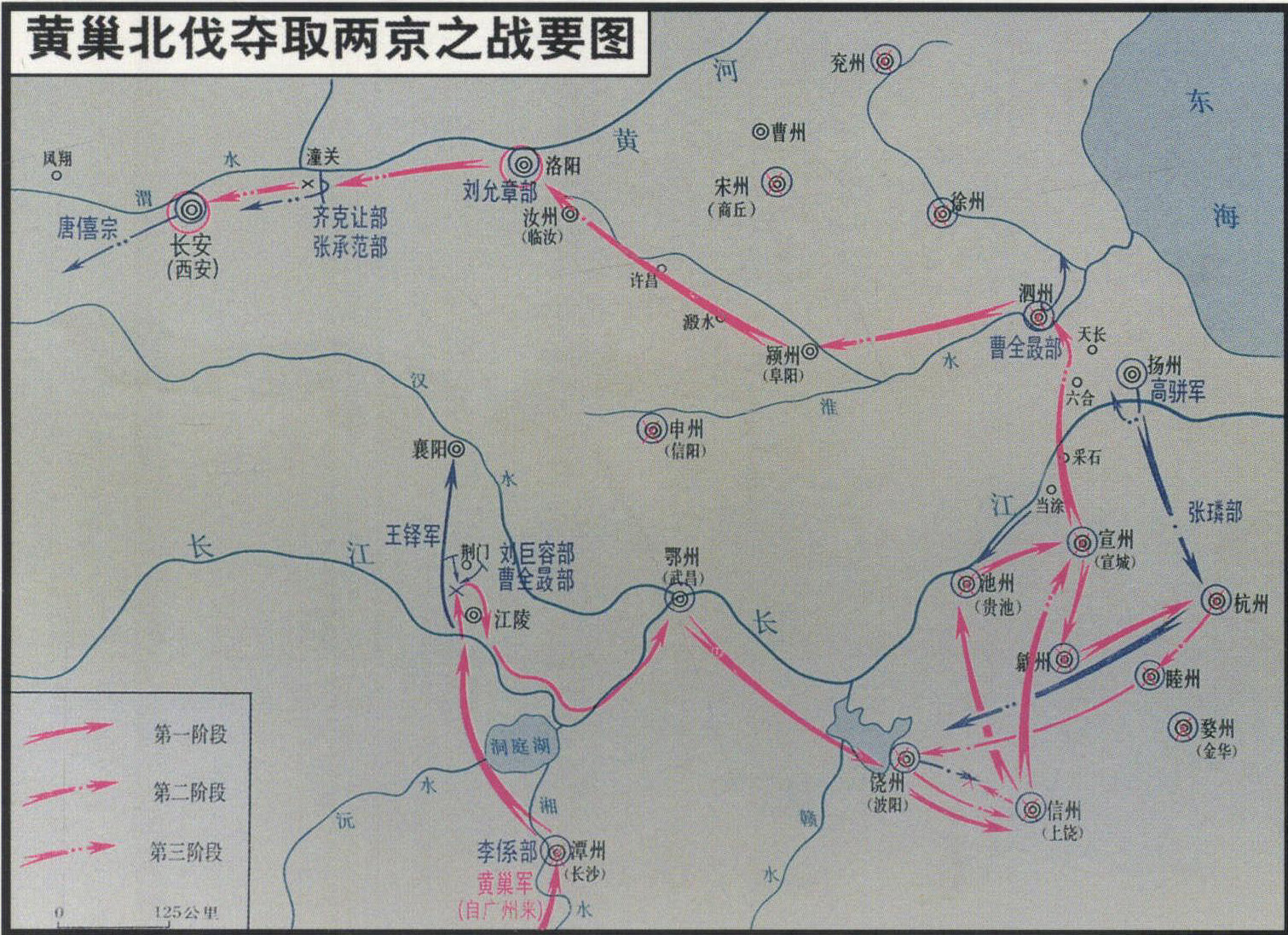 879年， 黄巢义军自广州进至桂林，开始了北伐战争。义军进占江陵等地后，因失利，沿江东进，转而攻克今江西、安徽等地15州。880年，义军大败唐军于信州。随之乘胜自采石(今安徽马鞍山西南)渡江，长驱直逼洛阳。途中，义军发布文告，孤立了唐廷，顺利进占洛阳、长安